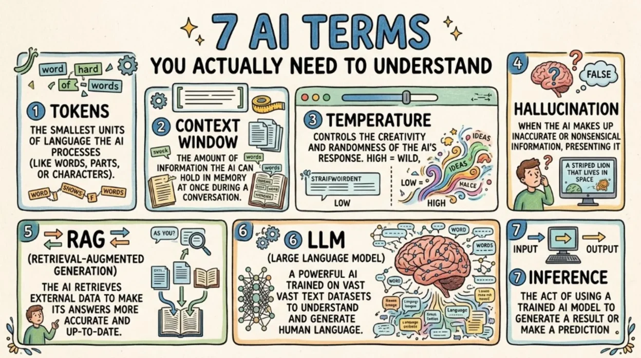Infographic: 7 AI terms explained—tokens, context window, temperature, hallucination, RAG, LLM, and inference—with simple il…