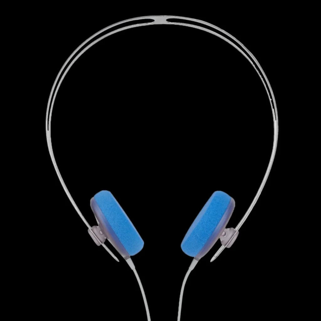 AIAIAI Tracks on-ear headphones front view: silver split-rail headband, bright blue foam pads, translucent grey earcup housi…