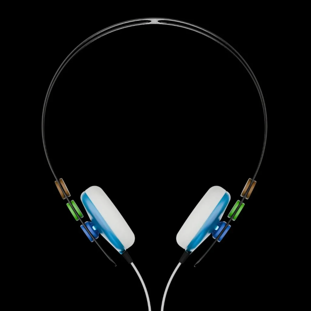 AIAIAI Tracks on-ear headphones: translucent blue housings, white foam pads, multicolor adjustment sliders on thin black hea…