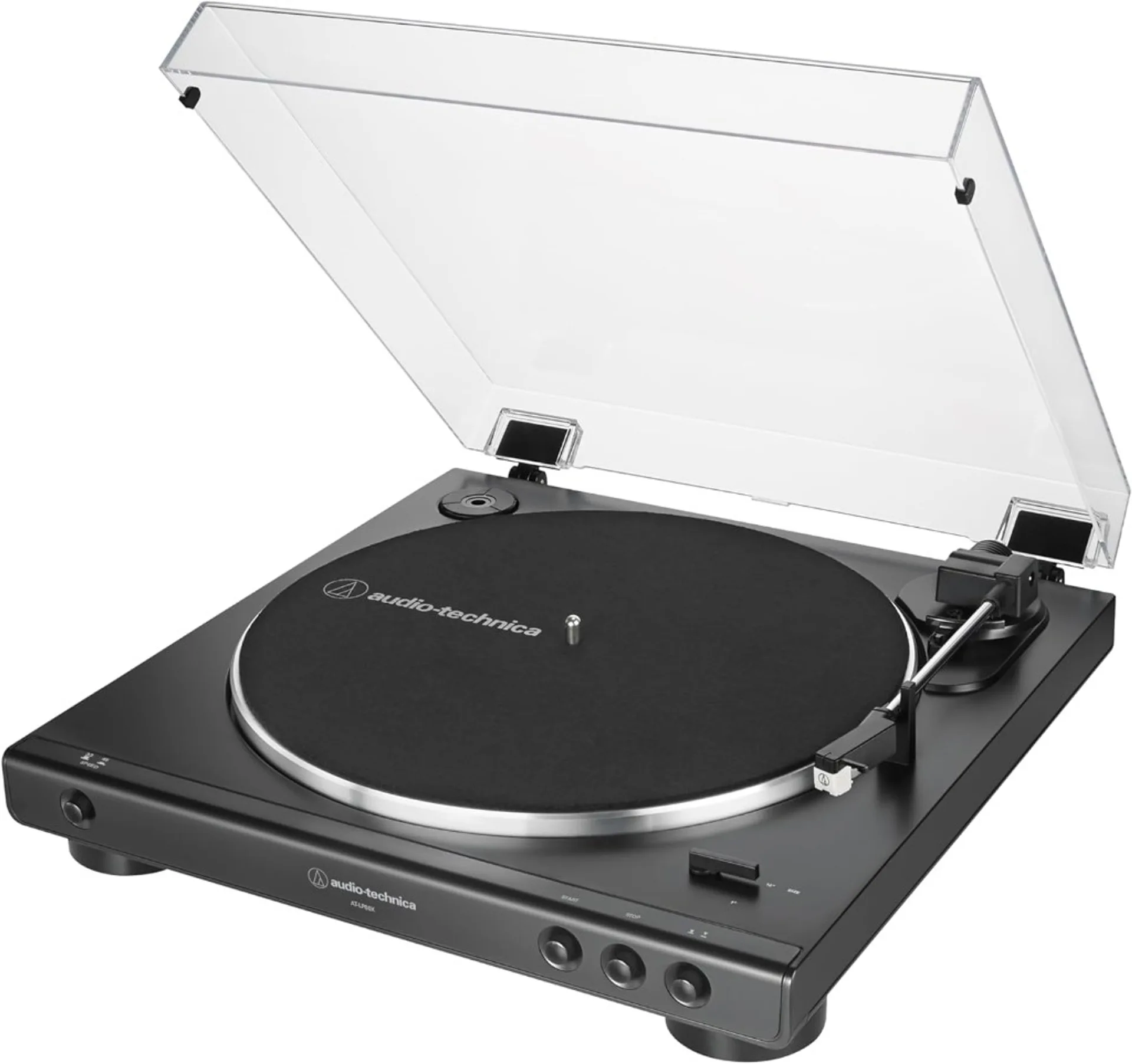 Audio-Technica AT-LP60X fully automatic belt-drive turntable in black, three-quarter angle with clear dust cover open, white…