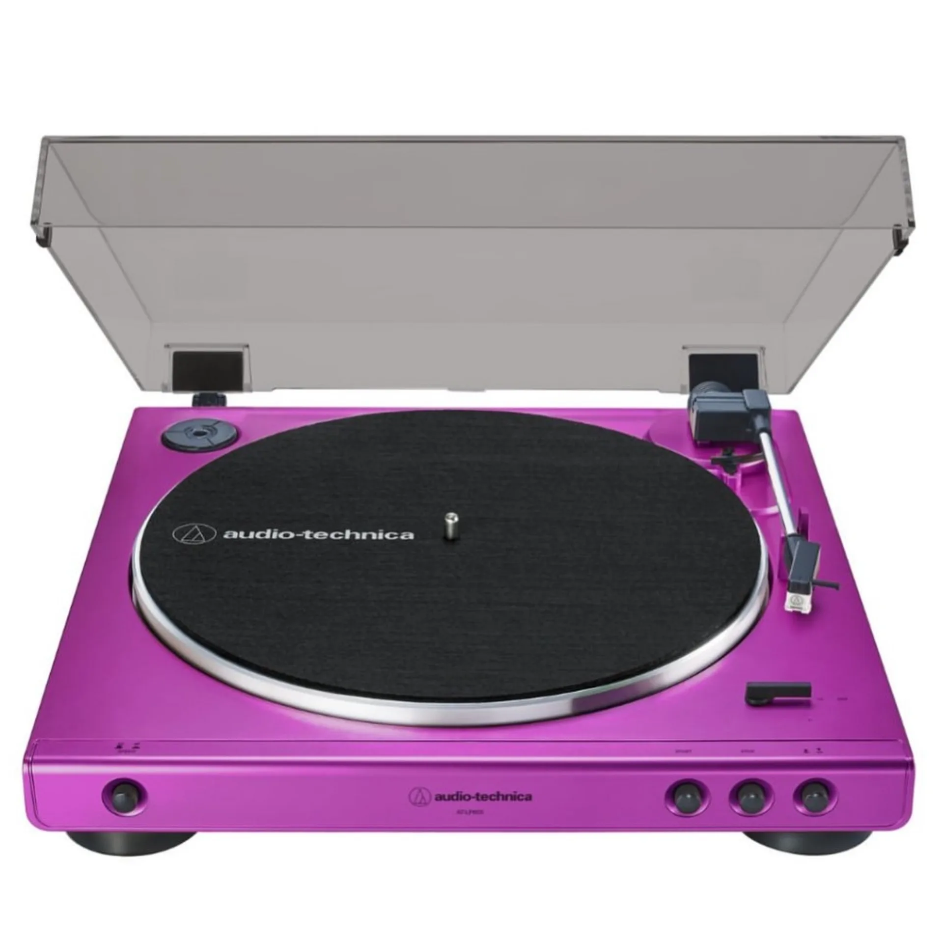 Front view of purple Audio-Technica AT-LP60XBT automatic turntable with smoke-grey dust cover open, black felt mat and silve…