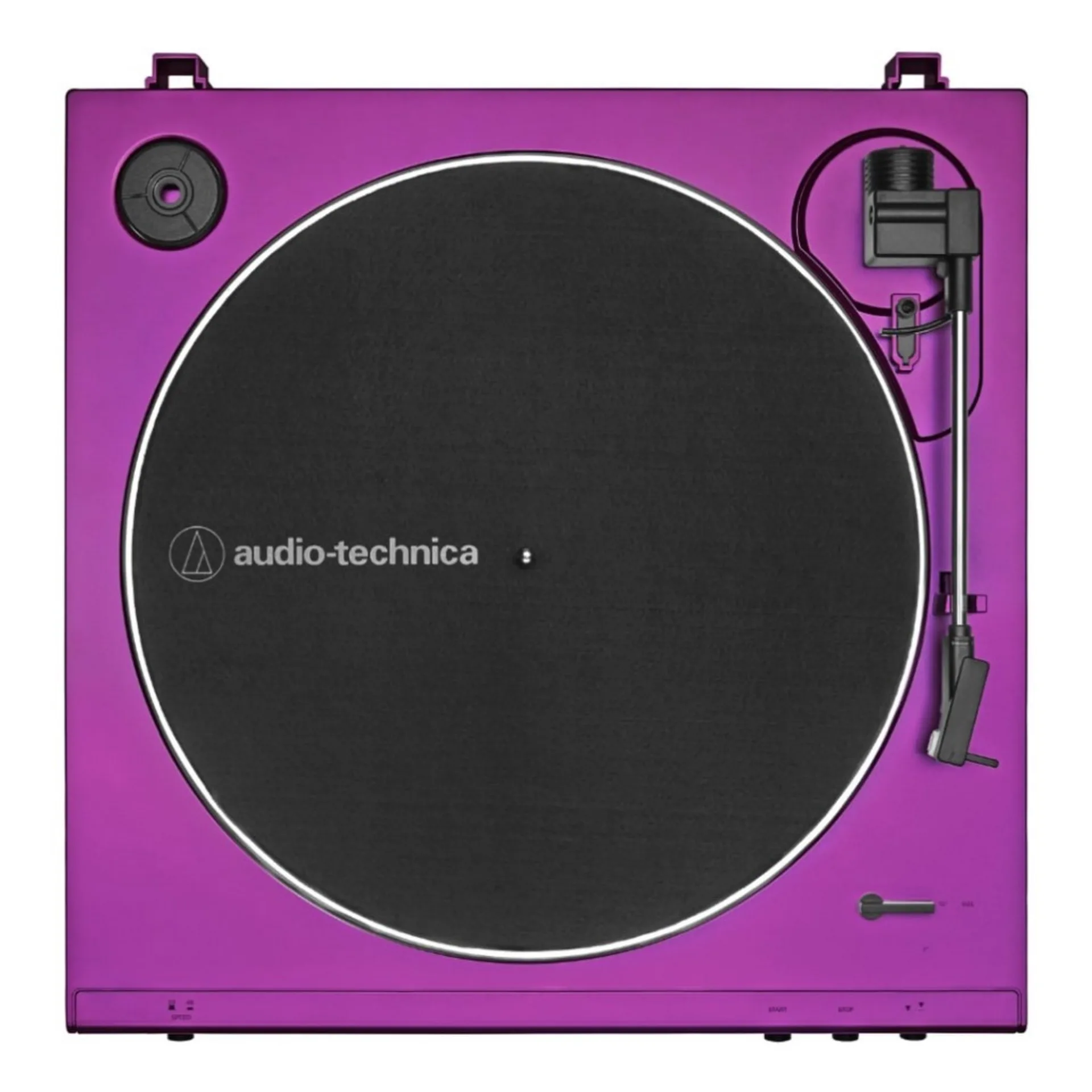 Top-down view of purple metallic Audio-Technica AT-LP60XBT belt-drive turntable with black slipmat and white logo on a white…