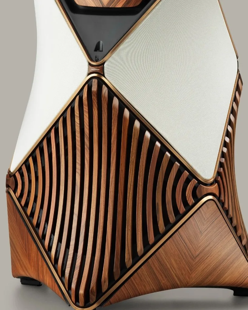 Detail of Beolab 90 Monarch Edition vertical wood slats, bronze-toned frame, and white acoustic fabric facets.
