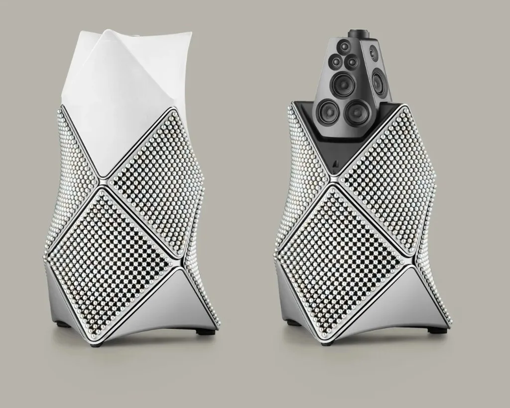 Close-up of Bang Olufsen Beolab 90 Zenith Edition pearlescent beads and polished metal frame around the drivers.