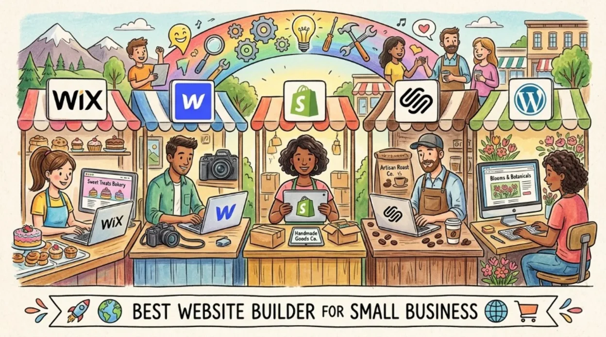 Illustration comparing Wix, Webflow, Shopify, Squarespace, and WordPress as small business market stalls, banner text Best W…