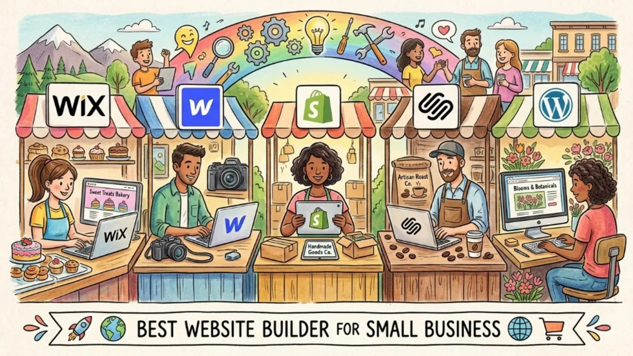 Illustration comparing Wix, Webflow, Shopify, Squarespace, and WordPress as small business market stalls, banner text Best W…