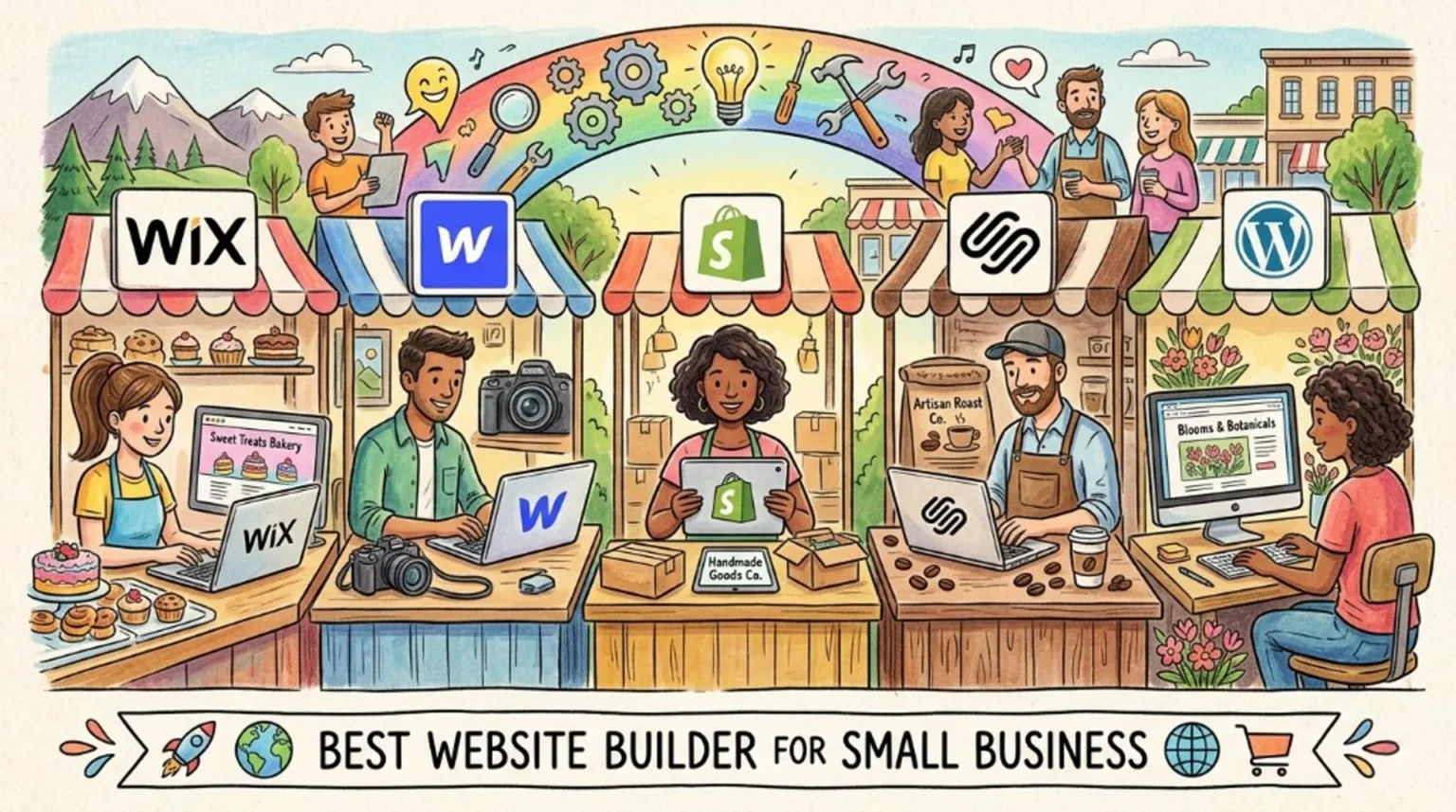 Illustration comparing Wix, Webflow, Shopify, Squarespace, and WordPress as small business market stalls, banner text Best W…