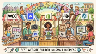 Illustration comparing Wix, Webflow, Shopify, Squarespace, and WordPress as small business market stalls, banner text Best W…
