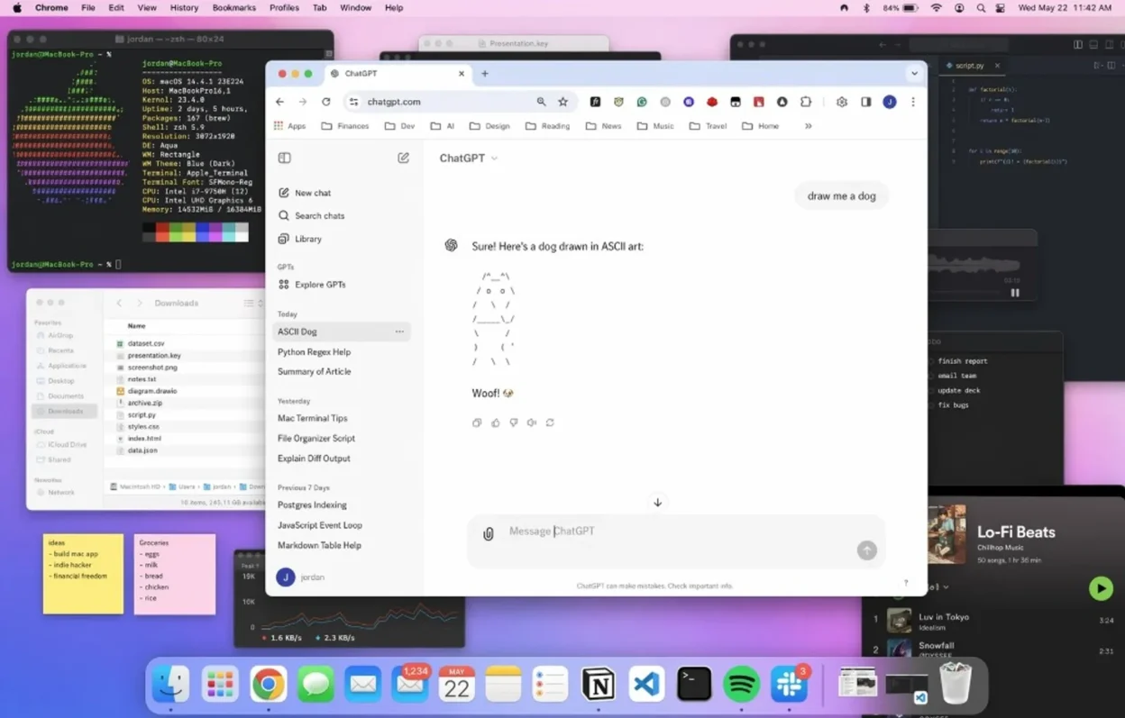 macOS desktop with Chrome on ChatGPT showing draw me a dog prompt and ASCII art dog reply, Terminal Finder Spotify and code…