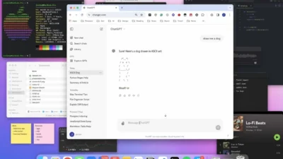 macOS desktop with Chrome on ChatGPT showing draw me a dog prompt and ASCII art dog reply, Terminal Finder Spotify and code…