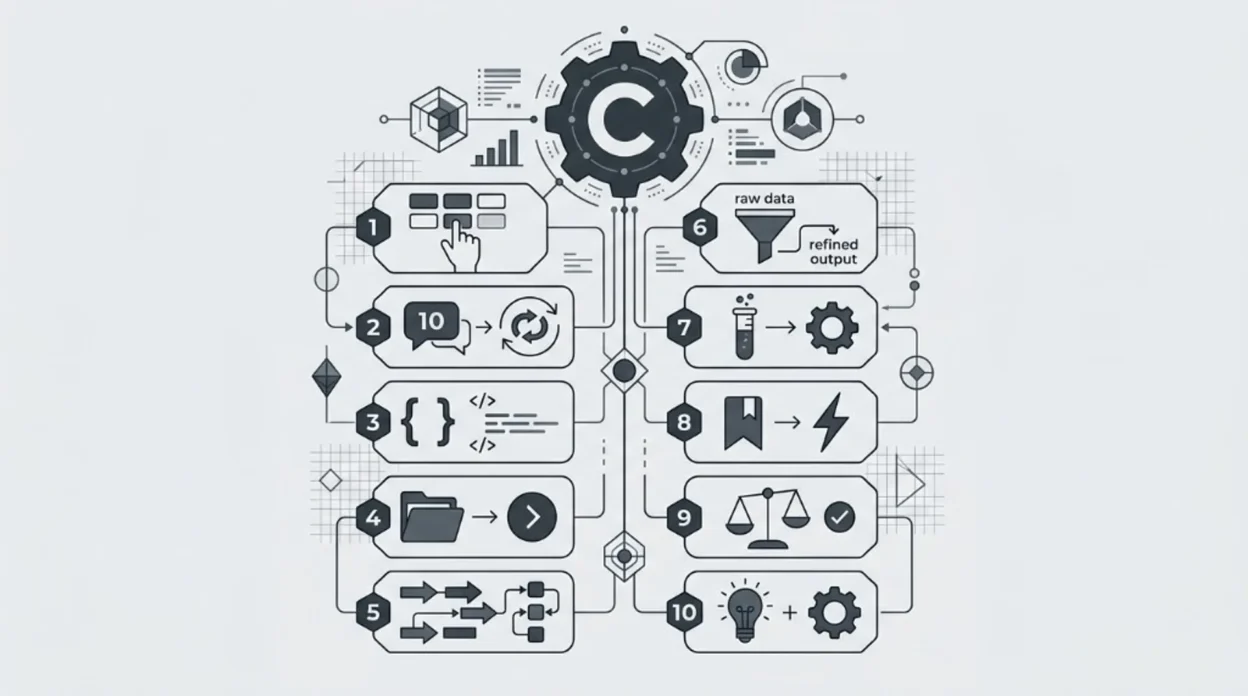 Grayscale infographic: central gear with letter C connected to ten numbered workflow boxes for Claude AI prompt habits, tech…