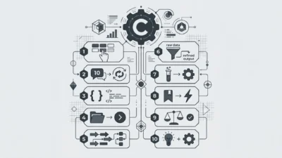 Grayscale infographic: central gear with letter C connected to ten numbered workflow boxes for Claude AI prompt habits, tech…
