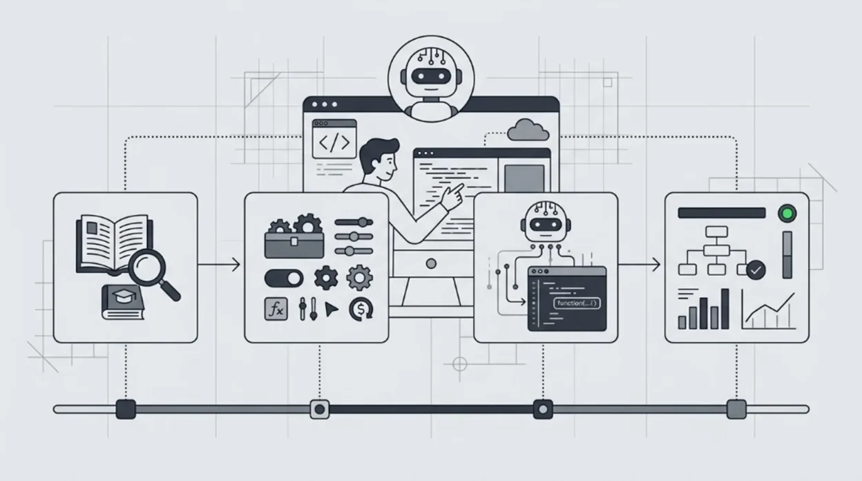 Line-art infographic: four-stage AI coding workflow from documentation and research through skills configuration, Claude cod…