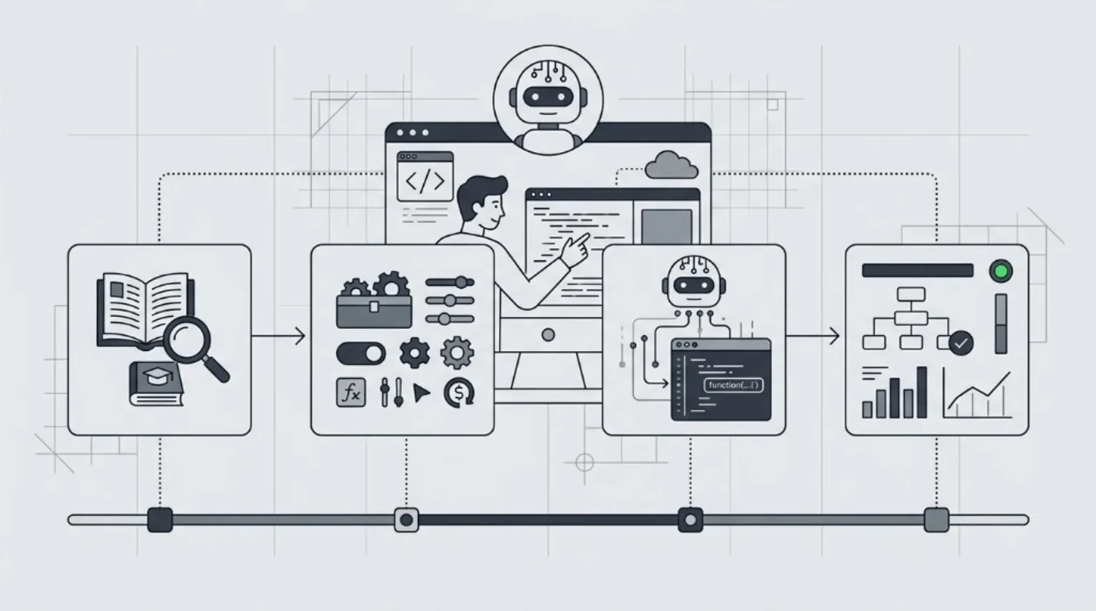 Line-art infographic: four-stage AI coding workflow from documentation and research through skills configuration, Claude cod…