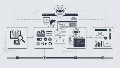 Line-art infographic: four-stage AI coding workflow from documentation and research through skills configuration, Claude cod…