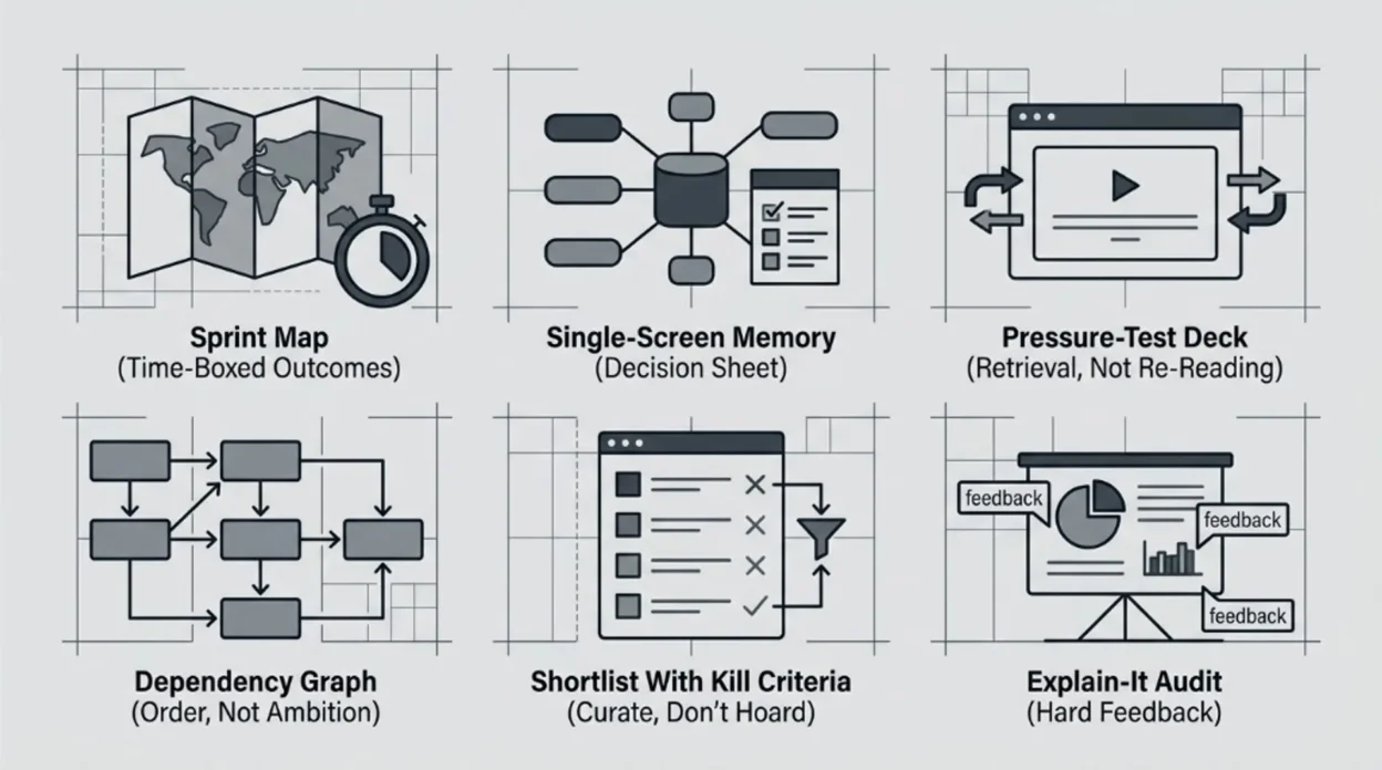 Infographic grid of six Claude learning workflows: Sprint Map, Single-Screen Memory, Pressure-Test Deck, Dependency Graph, S…