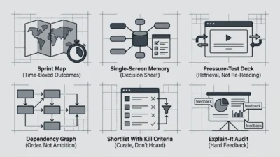 Infographic grid of six Claude learning workflows: Sprint Map, Single-Screen Memory, Pressure-Test Deck, Dependency Graph, S…