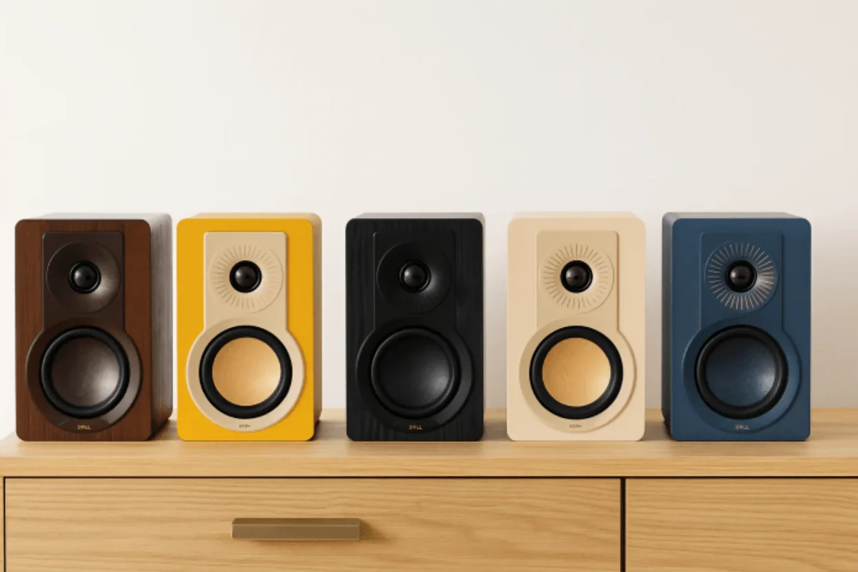 Five Dali Kupid bookshelf speakers in wood, yellow, black, cream, and blue finishes on a light wood cabinet.