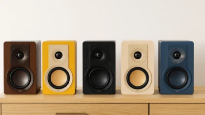Five Dali Kupid bookshelf speakers in wood, yellow, black, cream, and blue finishes on a light wood cabinet.