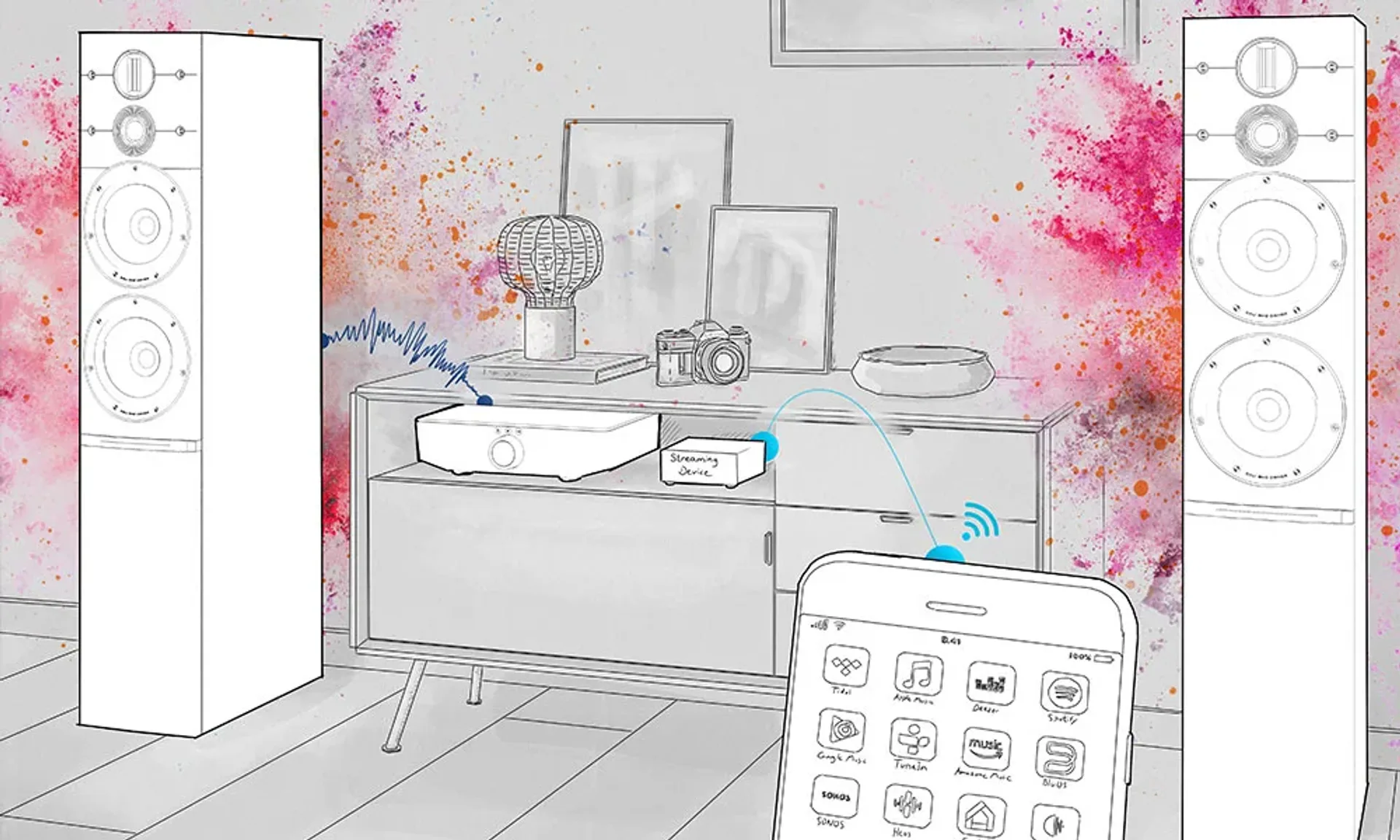 Illustration of wireless active speaker signal flow using a central streaming hub and app control.