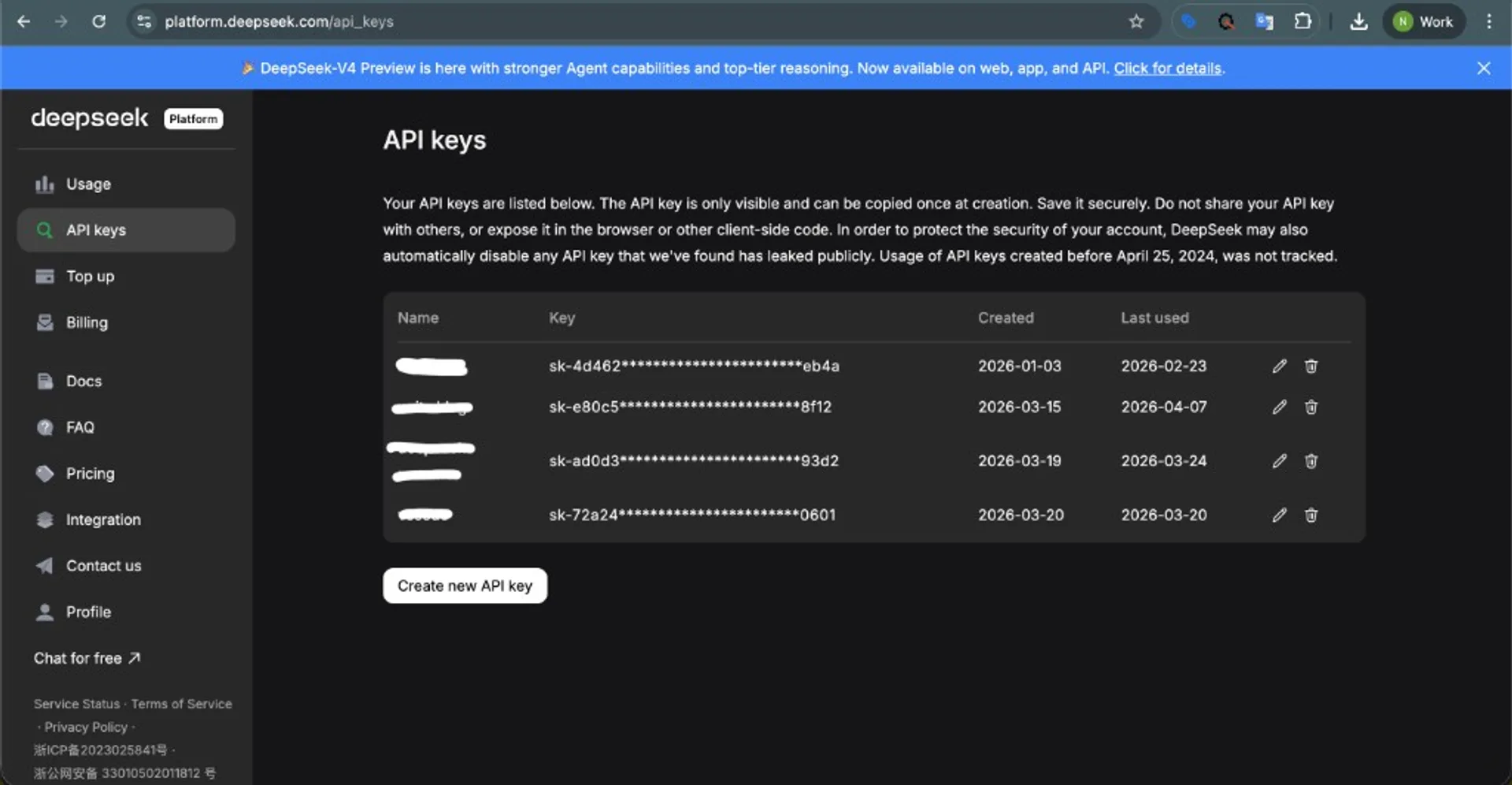 DeepSeek platform API keys dashboard showing key list and create new API key button.