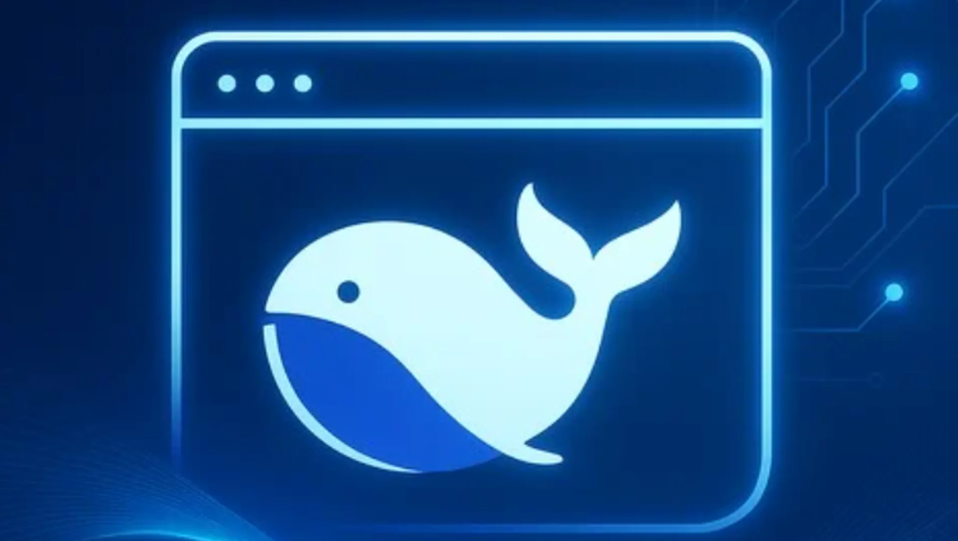 DeepSeek whale logo inside a glowing browser window on a dark blue tech background, suggesting API and third-party app integrations.