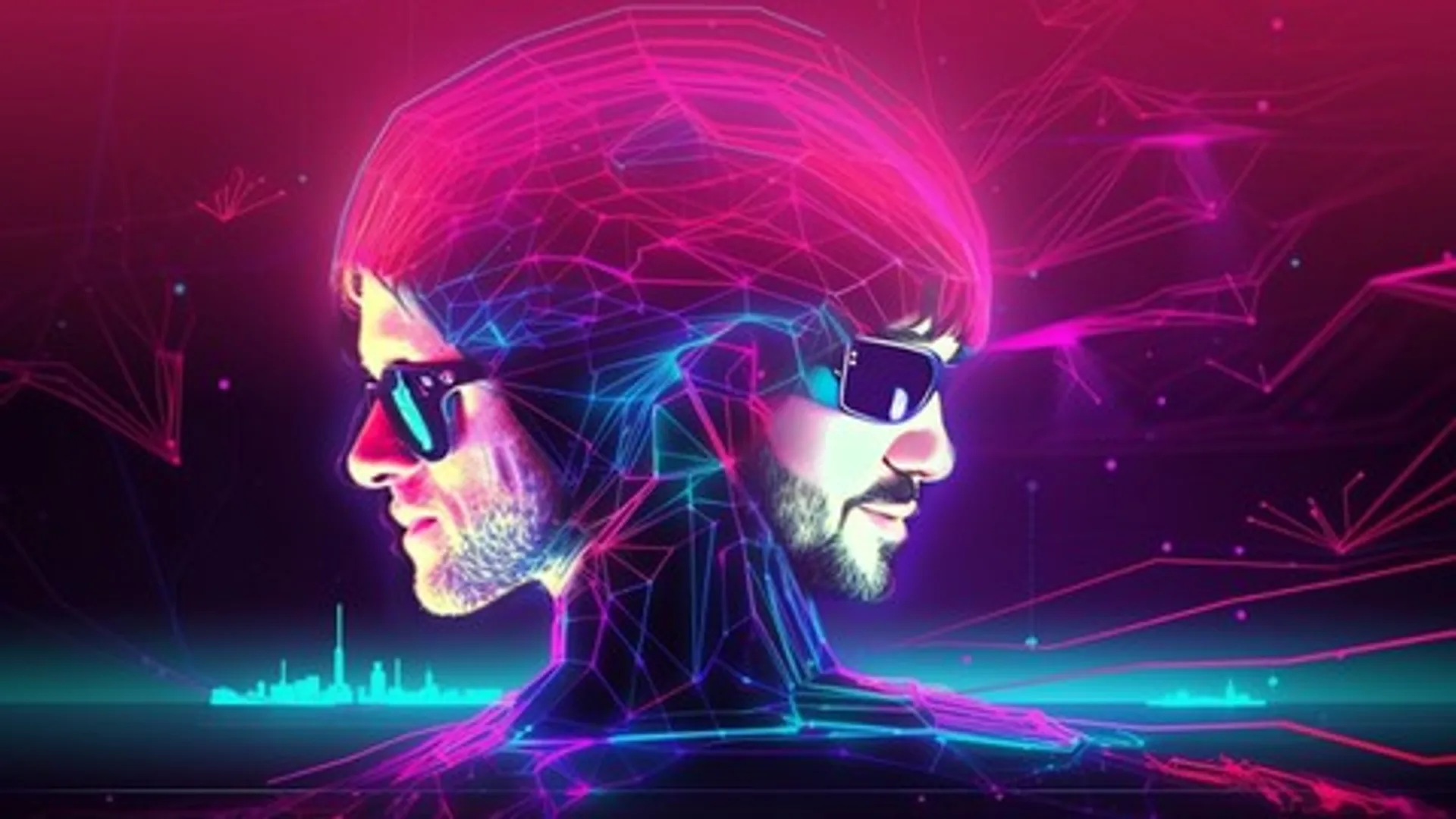 Udemy course art: neon synthwave dual portrait with wireframe overlay, The Complete Prompt Engineering for AI Bootcamp 2026.