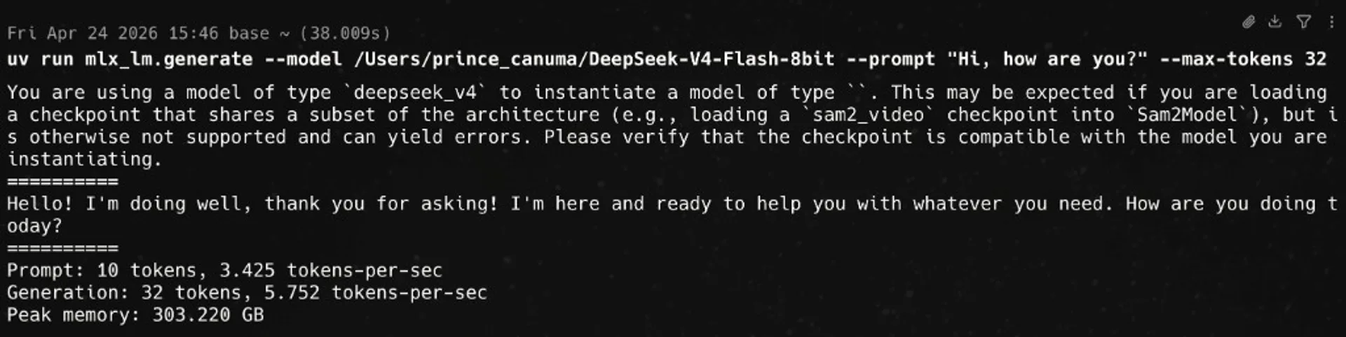 Terminal: uv run mlx_lm.generate with a local DeepSeek-V4-Flash-8bit path, sample assistant reply, prompt and generation tokens per second, and peak memory.