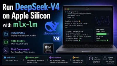 Infographic: Run DeepSeek-V4 on Apple Silicon with mlx-lm — install steps, RAM note, sample terminal on MacBook, MLX and pri…