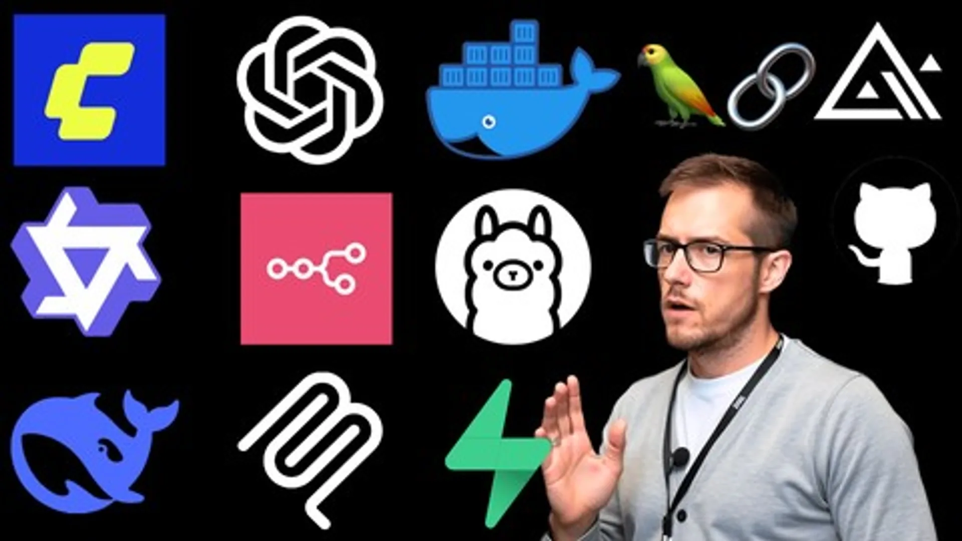 Collage of AI and developer logos including DeepSeek, Llama, OpenAI, Docker, and GitHub, with a presenter — Udemy Local AI Masterclass course visual.
