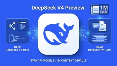 Infographic for DeepSeek V4 Preview: whale logo, NEW DeepSeek-V4-Base and NEW DeepSeek-V4-Chat cards, 1M context window badg…