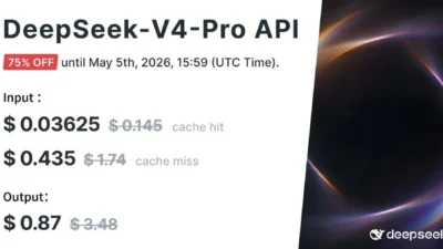 DeepSeek-V4-Pro API promotional banner: 75% off until May 5 2026 15:59 UTC, input cache hit and miss and output USD per mill…