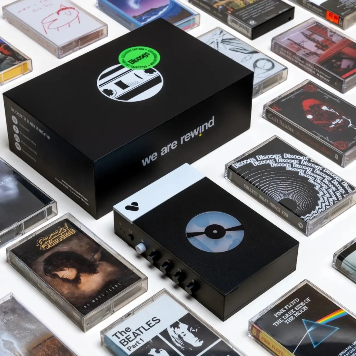 Discogs x We Are Rewind limited edition: portable cassette player, black retail box with green Exclusive Discogs sticker, an…