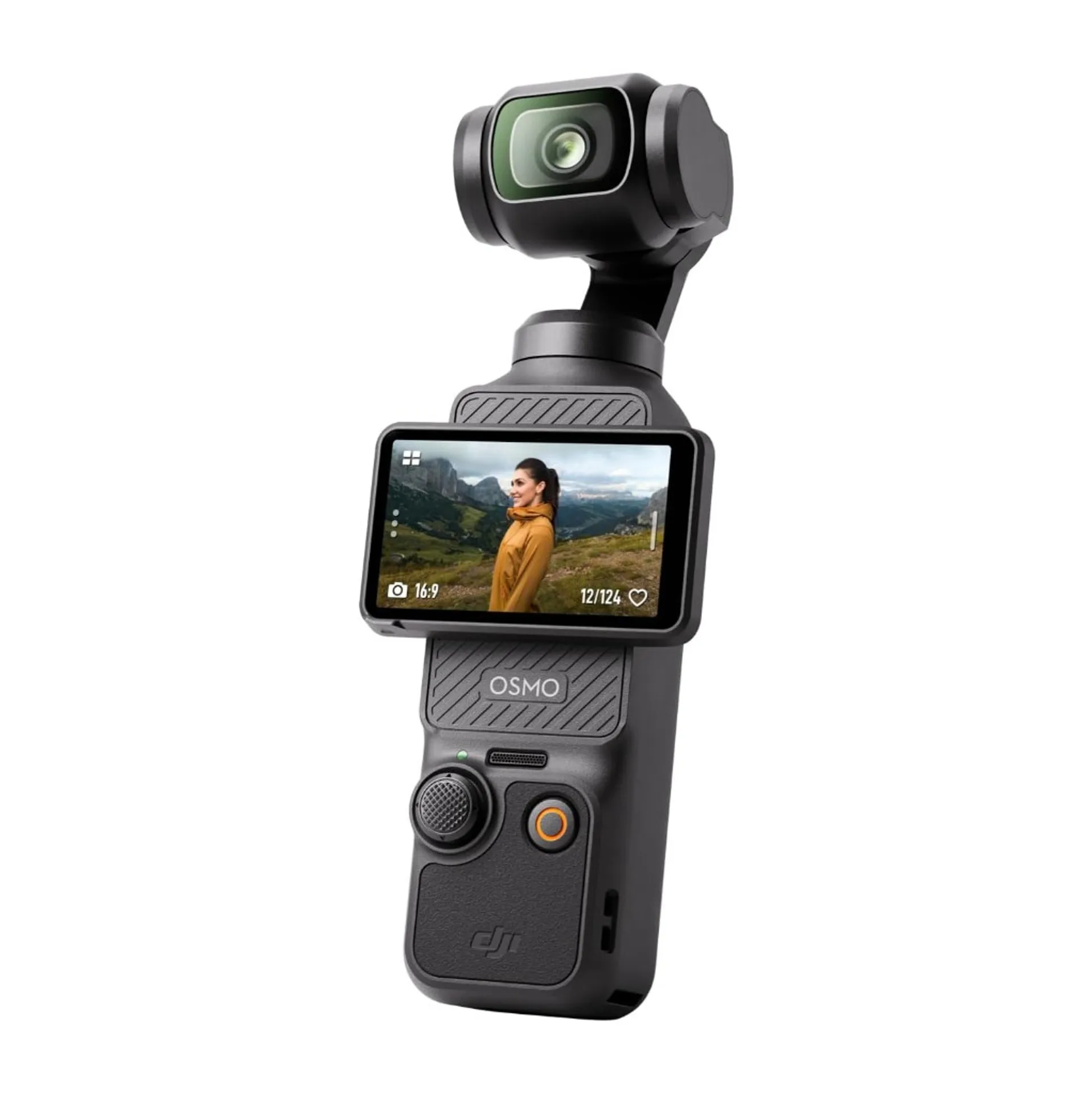 DJI Osmo Pocket 3 compact 3-axis gimbal camera on white background with rotatable touchscreen.