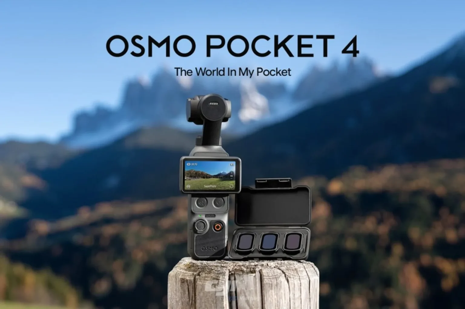 DJI Osmo Pocket 4 on a wooden post with ND filter case against blurred mountain landscape and blue sky.