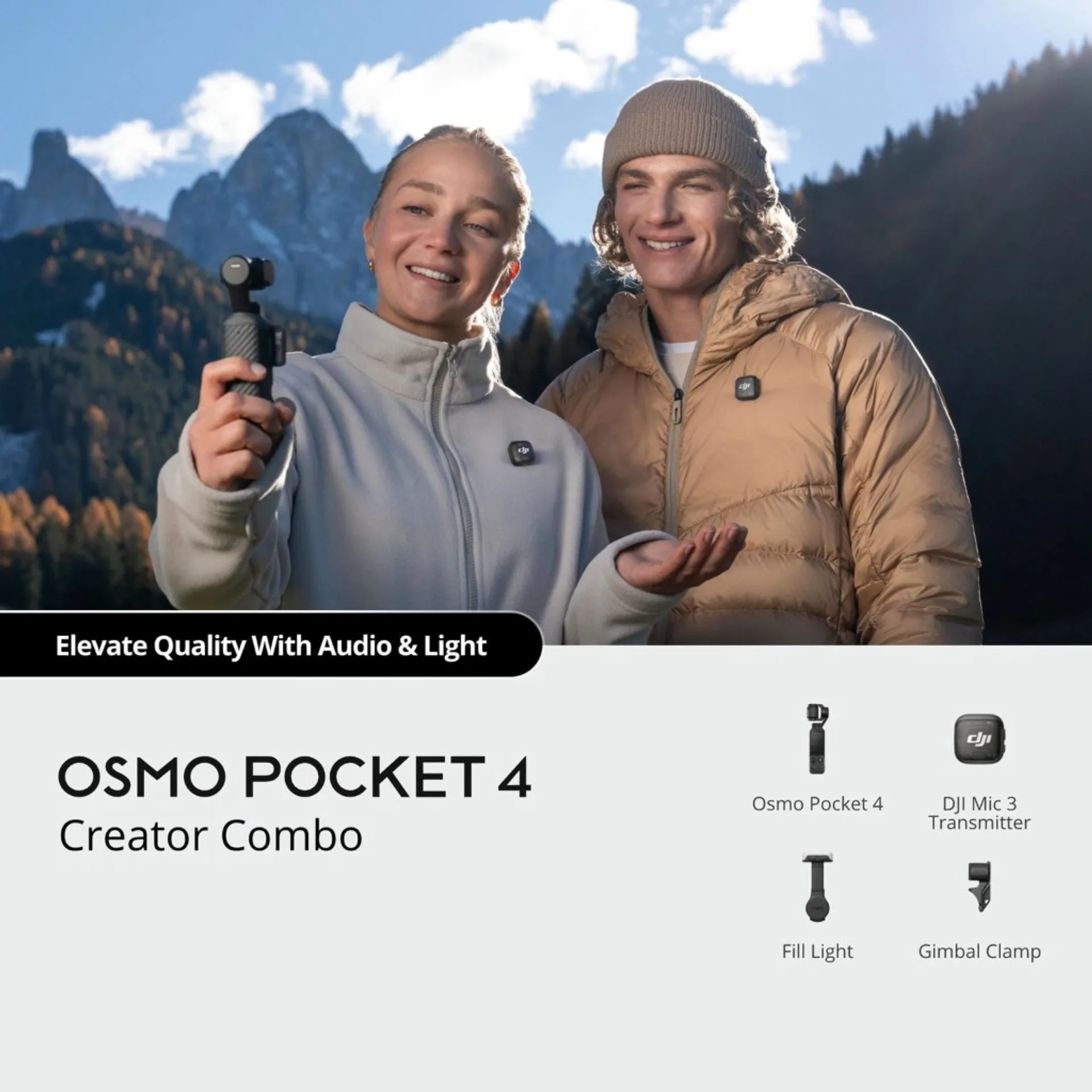 DJI Osmo Pocket 4 handheld gimbal camera studio shot on white with rotatable touchscreen.