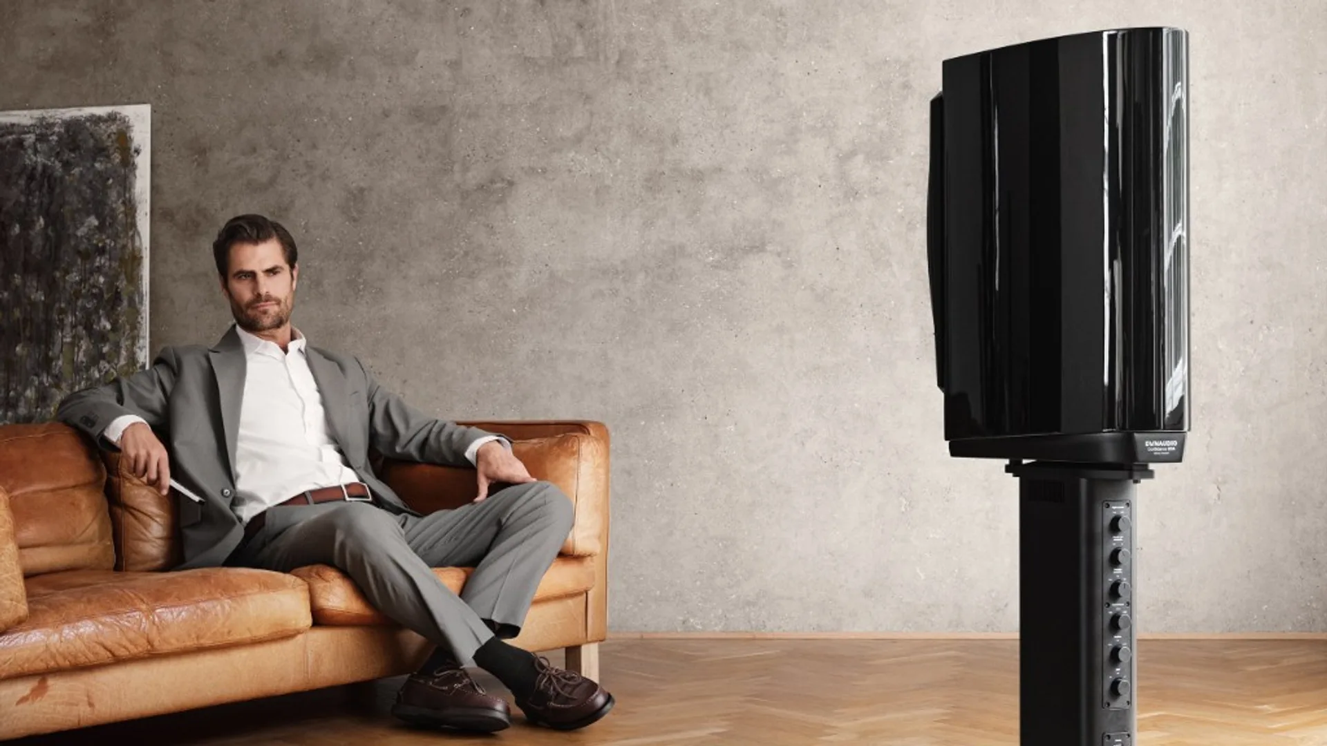 Rear view of Dynaudio Confidence 20A in-room, illustrating stand integration and back panel area.