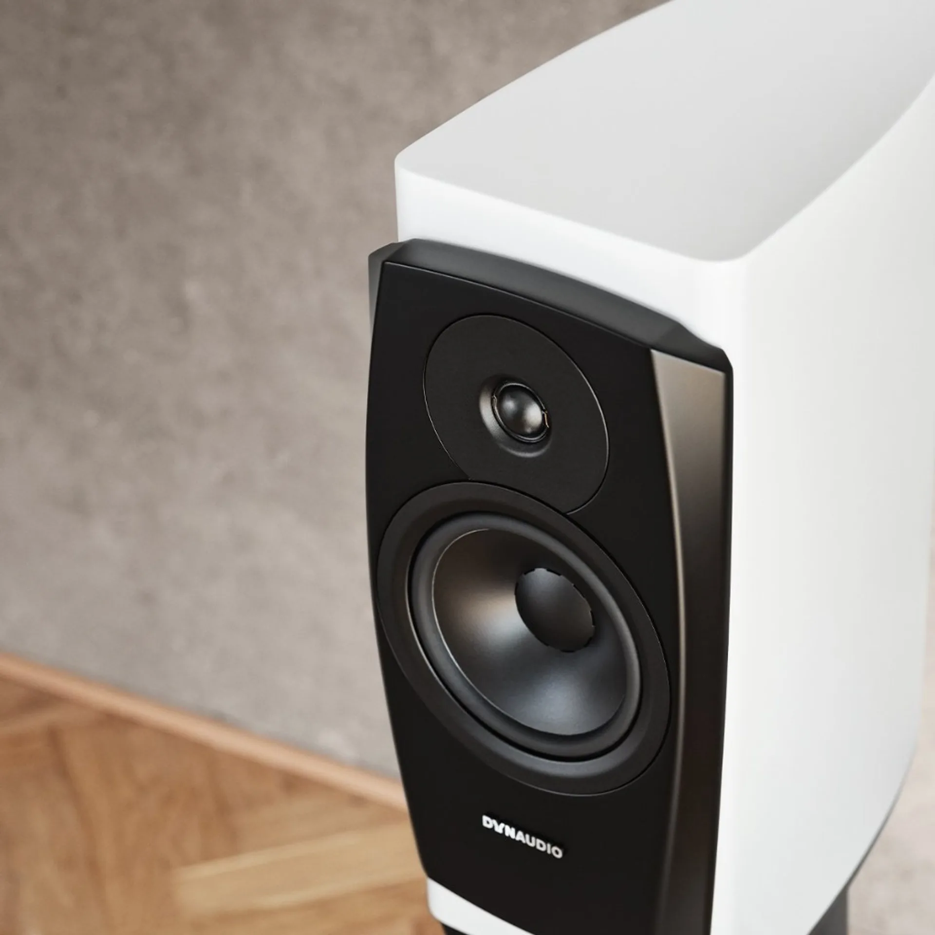 Close-up of Dynaudio Confidence 20A snow finish cabinet and front driver section.