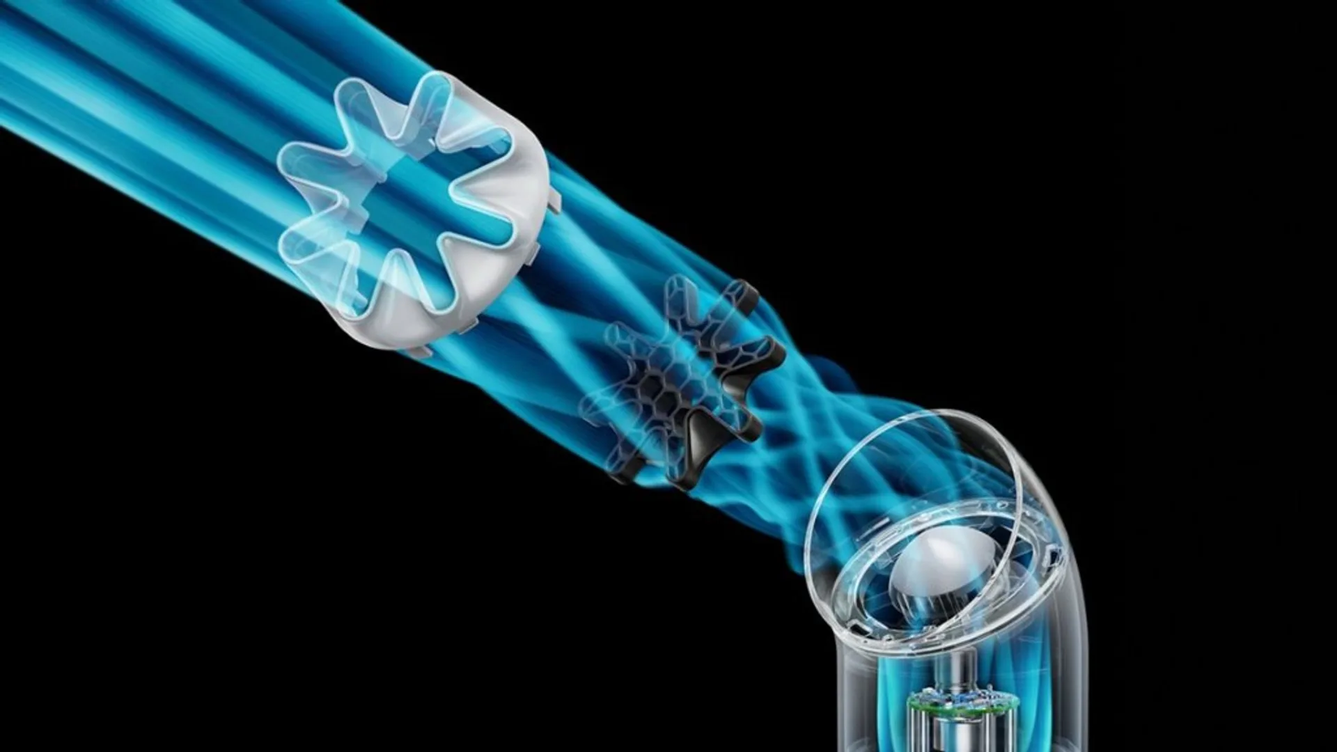 Technical cutaway of Dyson HushJet Mini Cool: motor base, internal star baffles, glowing cyan airflow ribbons on black.