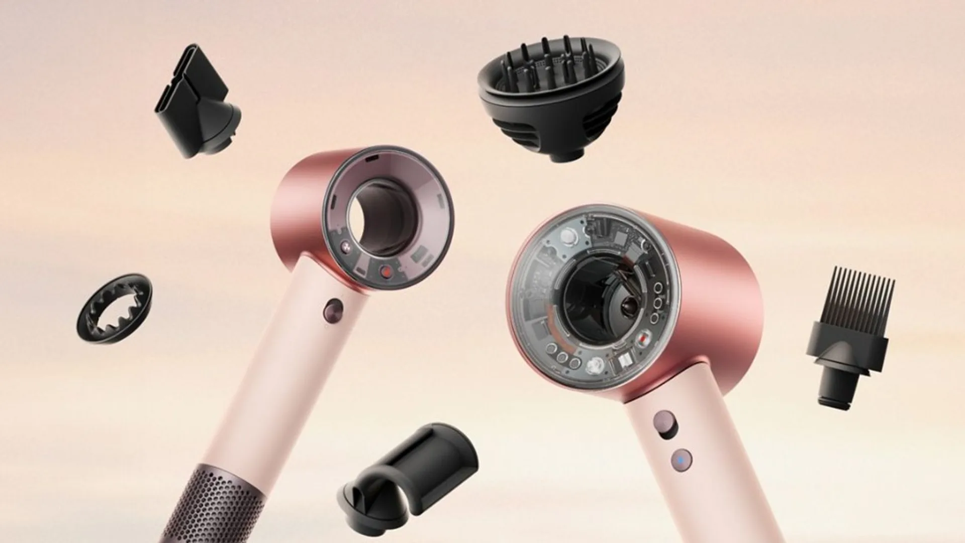 Exploded view of Dyson Supersonic in Ceramic Pink with transparent motor ring and five black magnetic styling attachments.