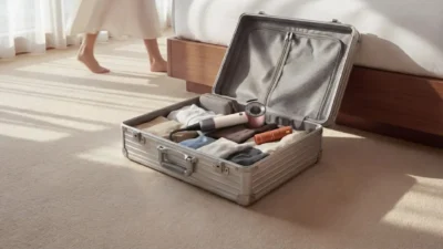 Dyson Supersonic Travel hair dryer in Ceramic Pink on a silver suitcase with folded clothes in a bright bedroom.