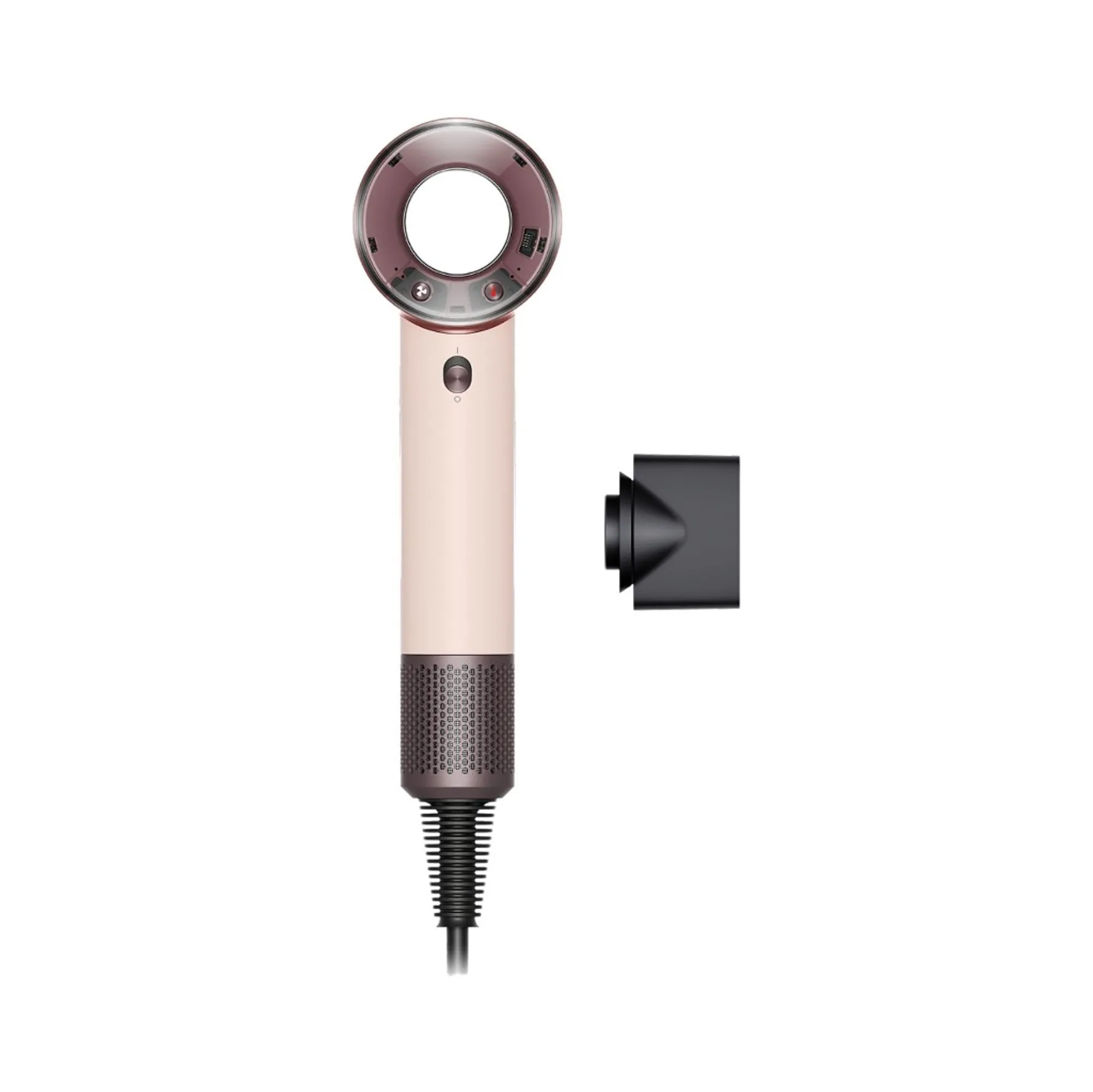 Dyson Supersonic hair dryer in Ceramic Pink and rose gold with black styling concentrator on white background.
