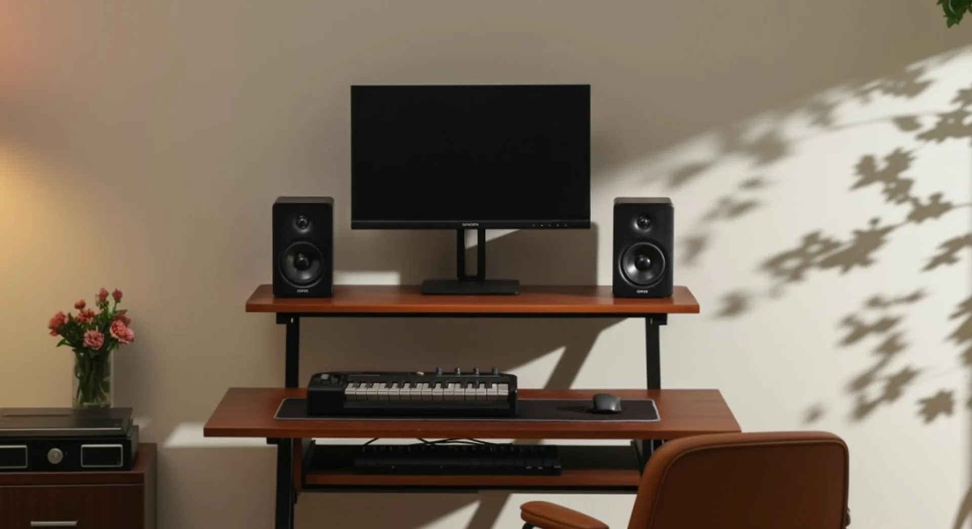Black Edifier M90 active bookshelf speakers on a wooden desk with monitor and MIDI keyboard, leaf shadows on the wall.