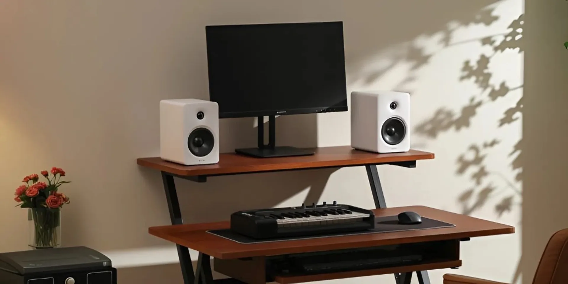 Pair of white Edifier M90 bookshelf speakers on a two-tier wooden desk with a monitor and MIDI keyboard.