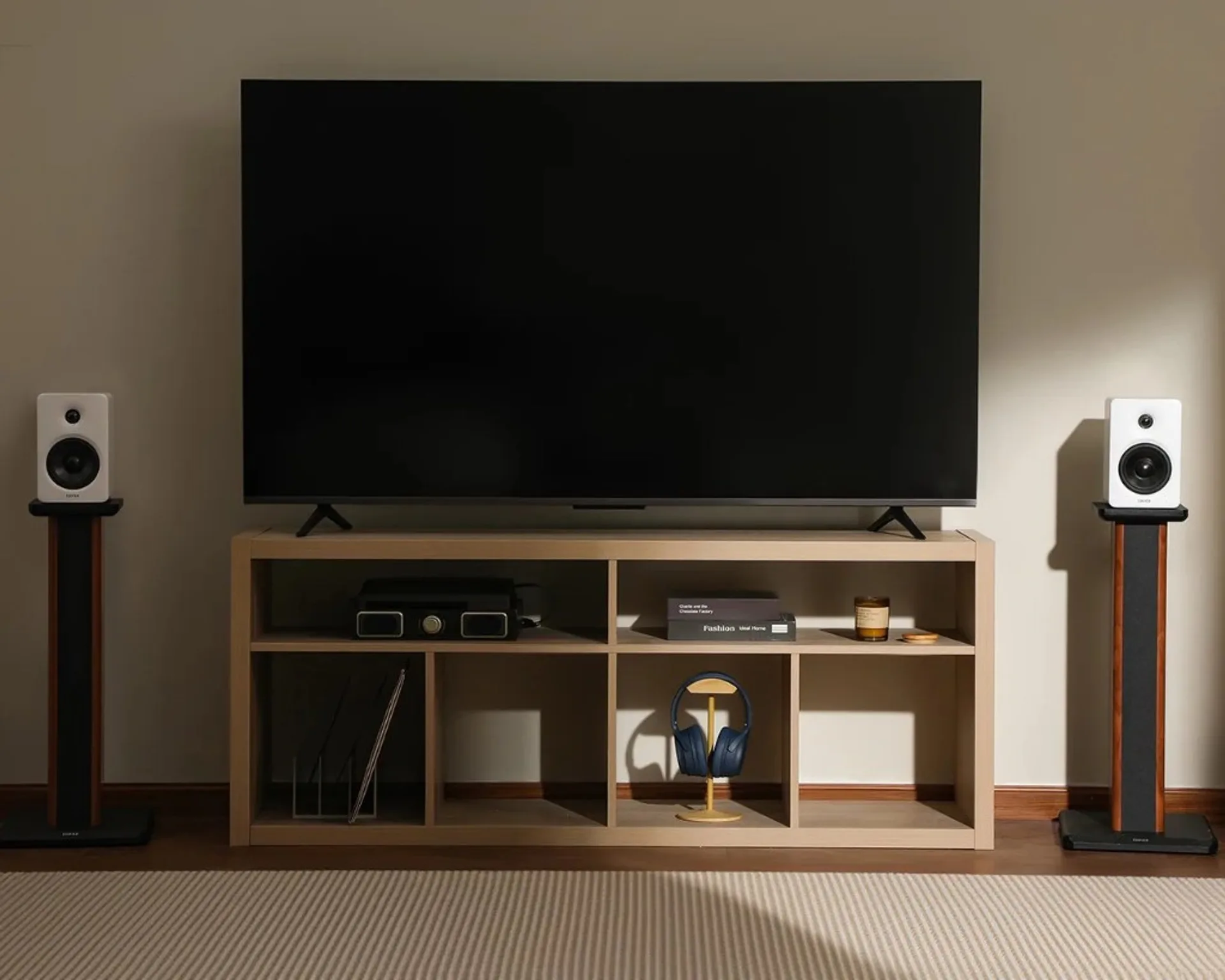 White Edifier M90 speakers on tall stands flanking a large TV on a light wood media console in a modern living room.