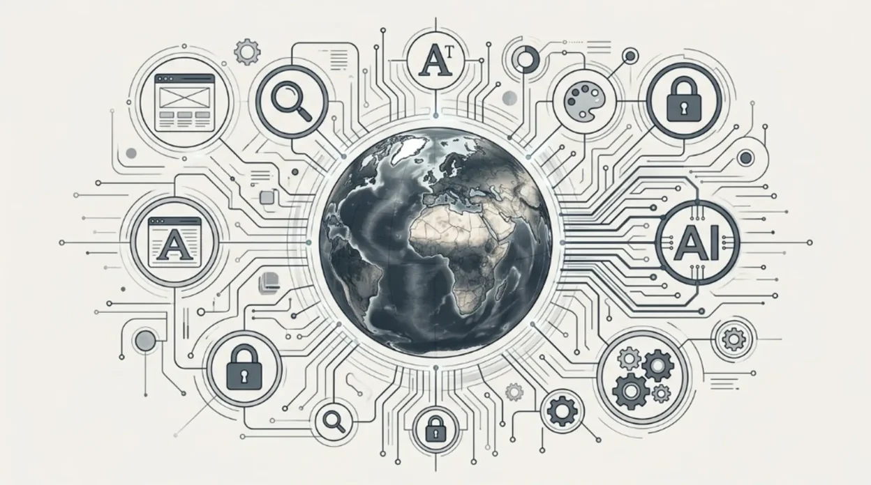 Ethical AI explained: grayscale globe linked by a circuit-style network to icons for AI, privacy, search, and creativity, symbolizing global responsible artificial intelligence