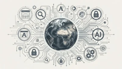 Ethical AI explained: grayscale globe linked by a circuit-style network to icons for AI, privacy, search, and creativity, symbolizing global responsible artificial intelligence