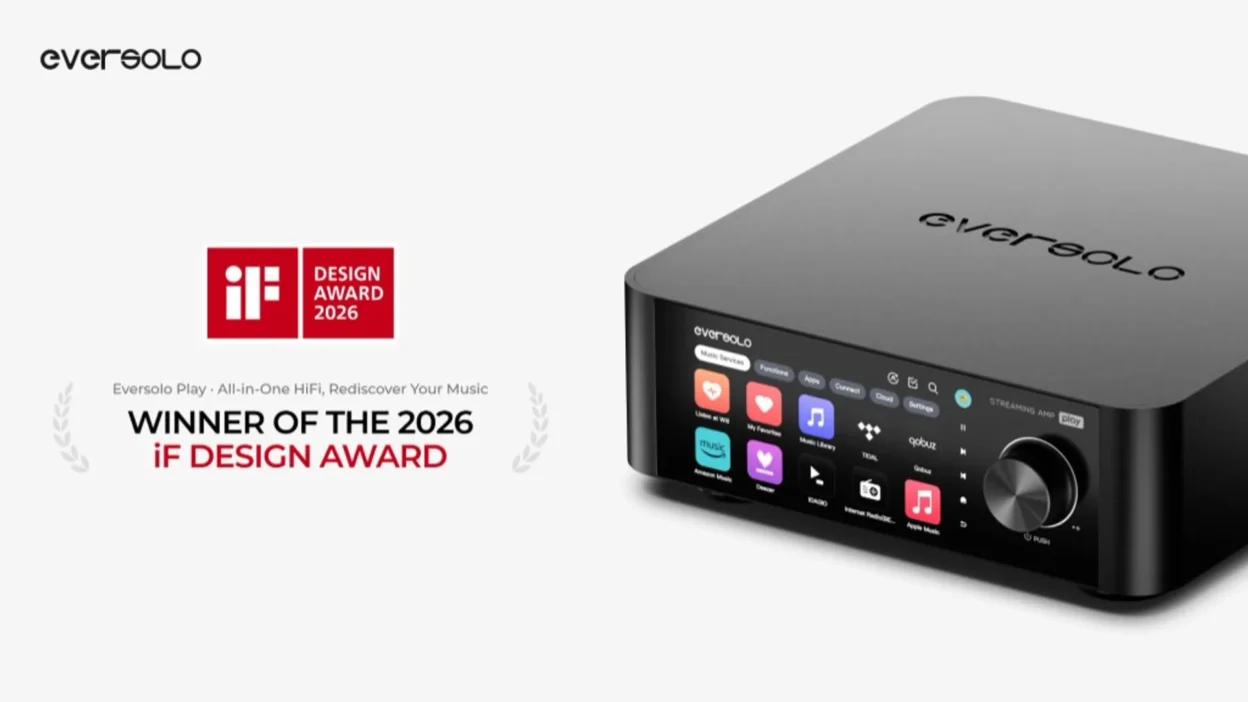 Eversolo Play All-in-One HiFi streaming amplifier, iF Design Award 2026 winner, showing Music Services touchscreen and black…