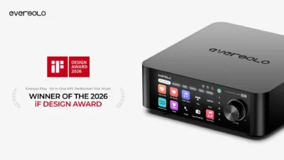 Eversolo Play All-in-One HiFi streaming amplifier, iF Design Award 2026 winner, showing Music Services touchscreen and black…