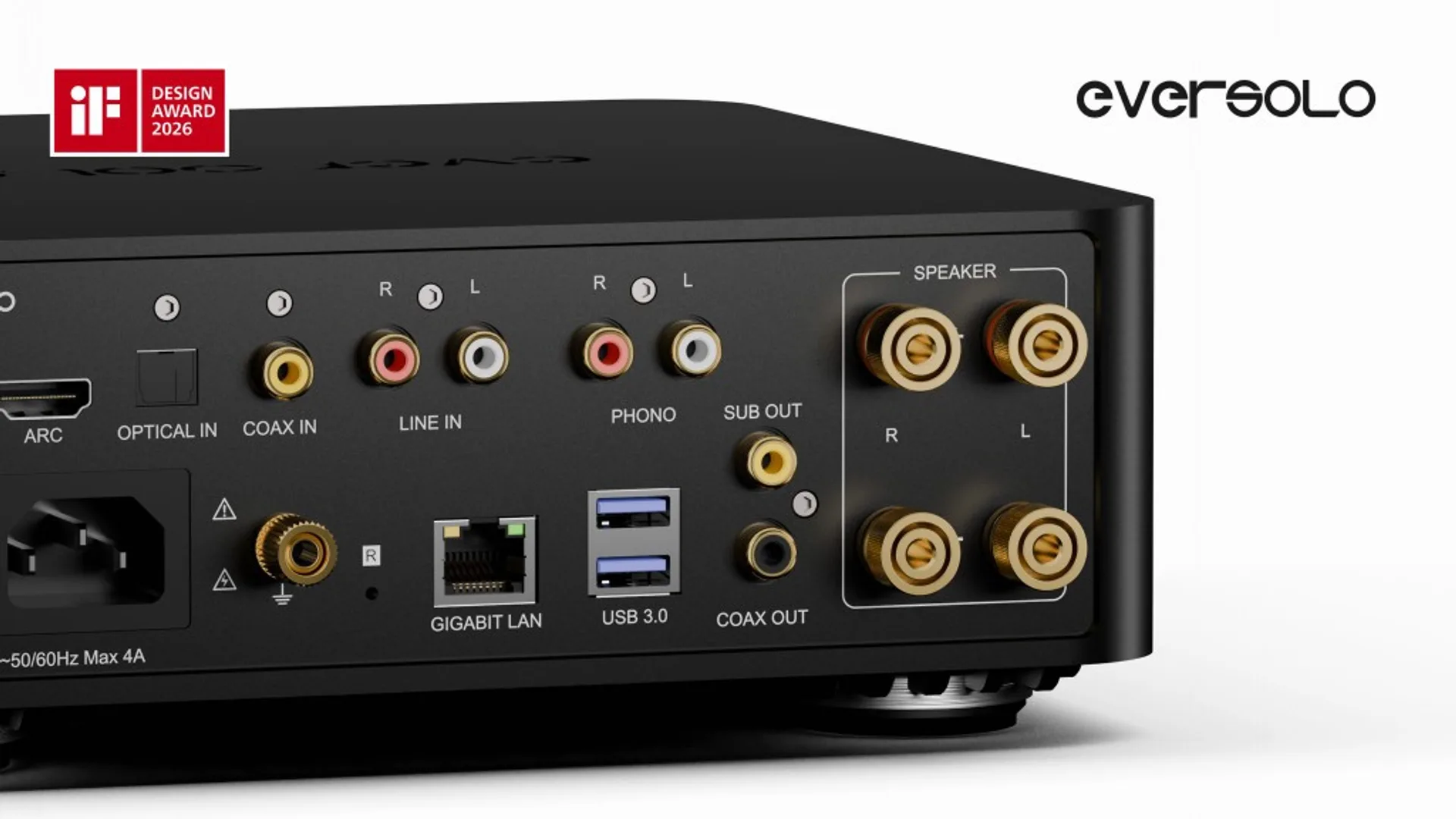 Eversolo Play rear panel: HDMI ARC, optical and coaxial digital in, line and phono RCA, sub out, coax out, speaker binding p…